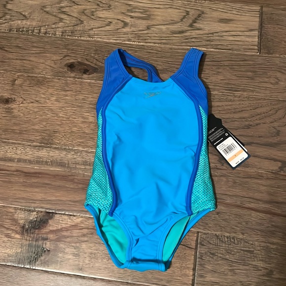 NEW Speedo Girl's Swimsuit One-Piece Mesh Splice Thick Strap, Darling Ditsy Cyan - Picture 2 of 13